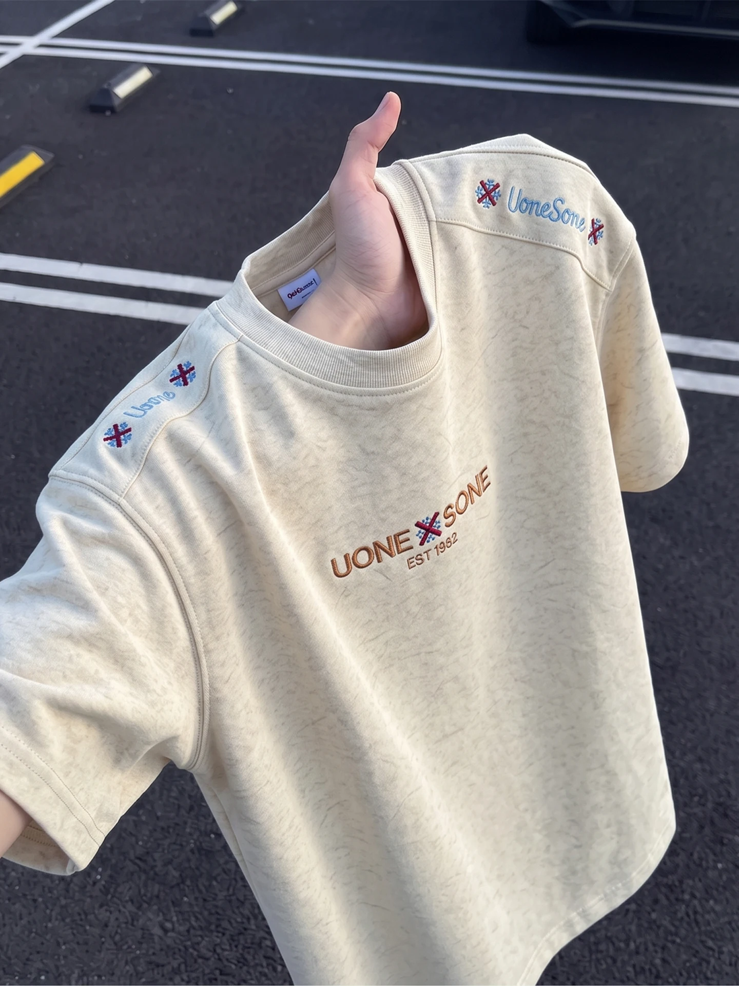 Retro Washed Sand Dyed Embroidered Short Sleeve Men's T-Shirt Heavy Design Shoulder High American Half Sleeve Summer T-Shirt