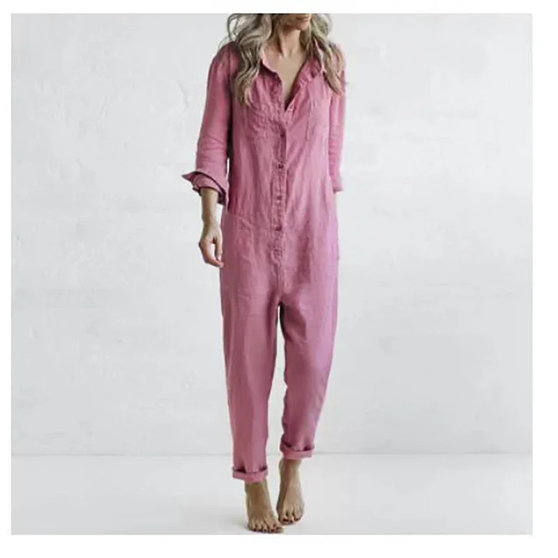 Cotton Linen Vintage Jumpsuits Women Single Breasted Button Design Turn-down Collar Long Sleeve Romper Solid Pockets Overalls