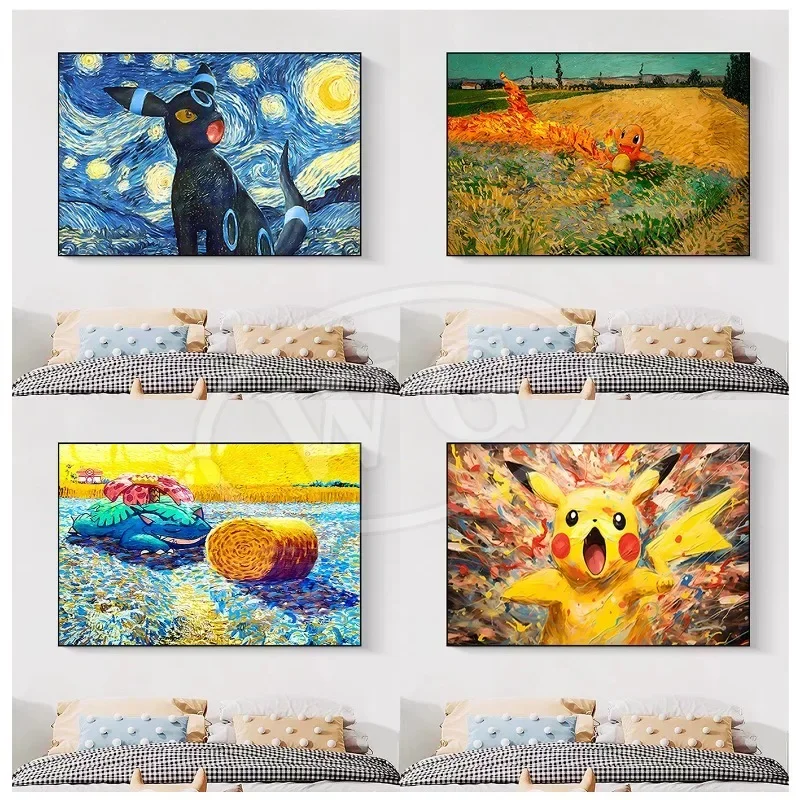 Van Gogh Museum Pokemon Anime Figures Pikachu Watercolor Painting Canvas Posters and Prints Wall Art Picture for Christmas Gifts