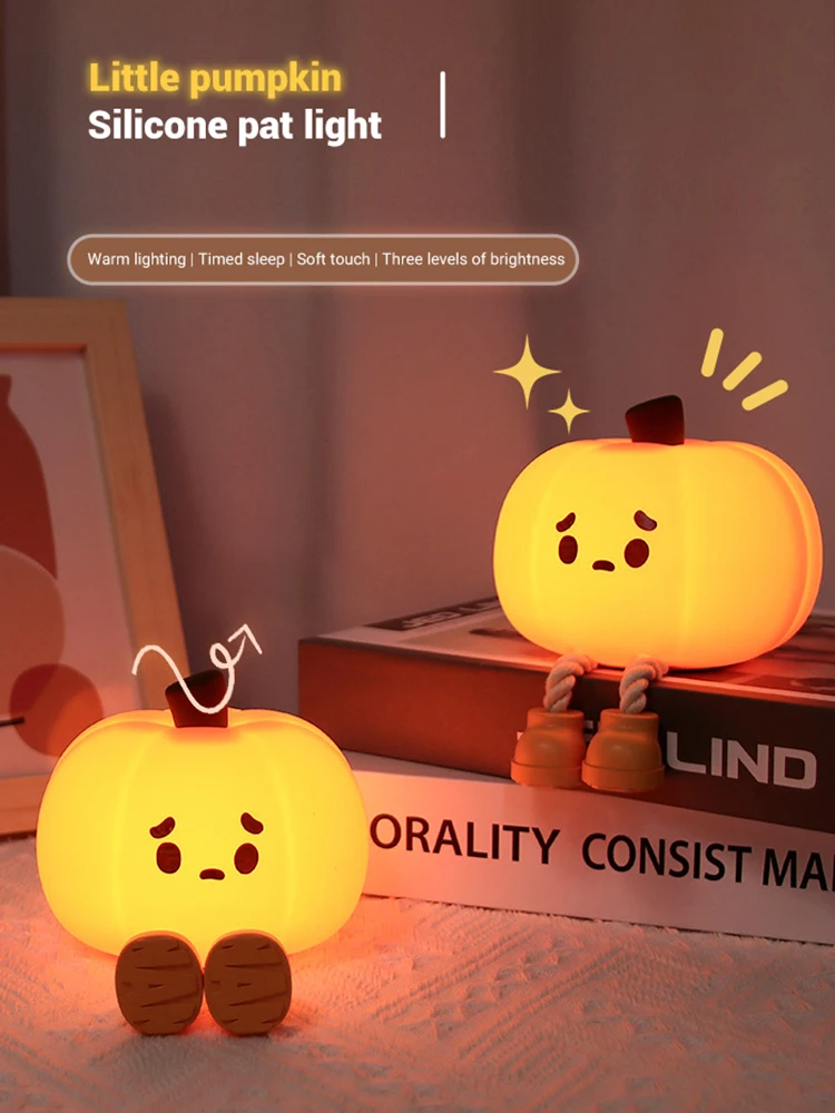 Soft Silicone Pumpkin Night Lights for Kids, Safe Lamp Decorações, Timing, Dimmable, Bedside Decoration, Baby, Halloween Gifts