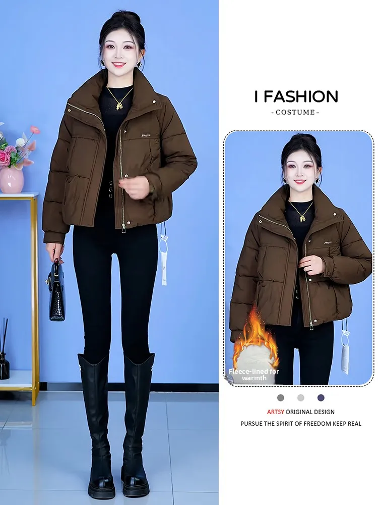 엘리 캐주얼 스탠드 칼라 여성용 면 재킷 루즈핏 안티에이징 지퍼 한국 스타일 겨울 신상품