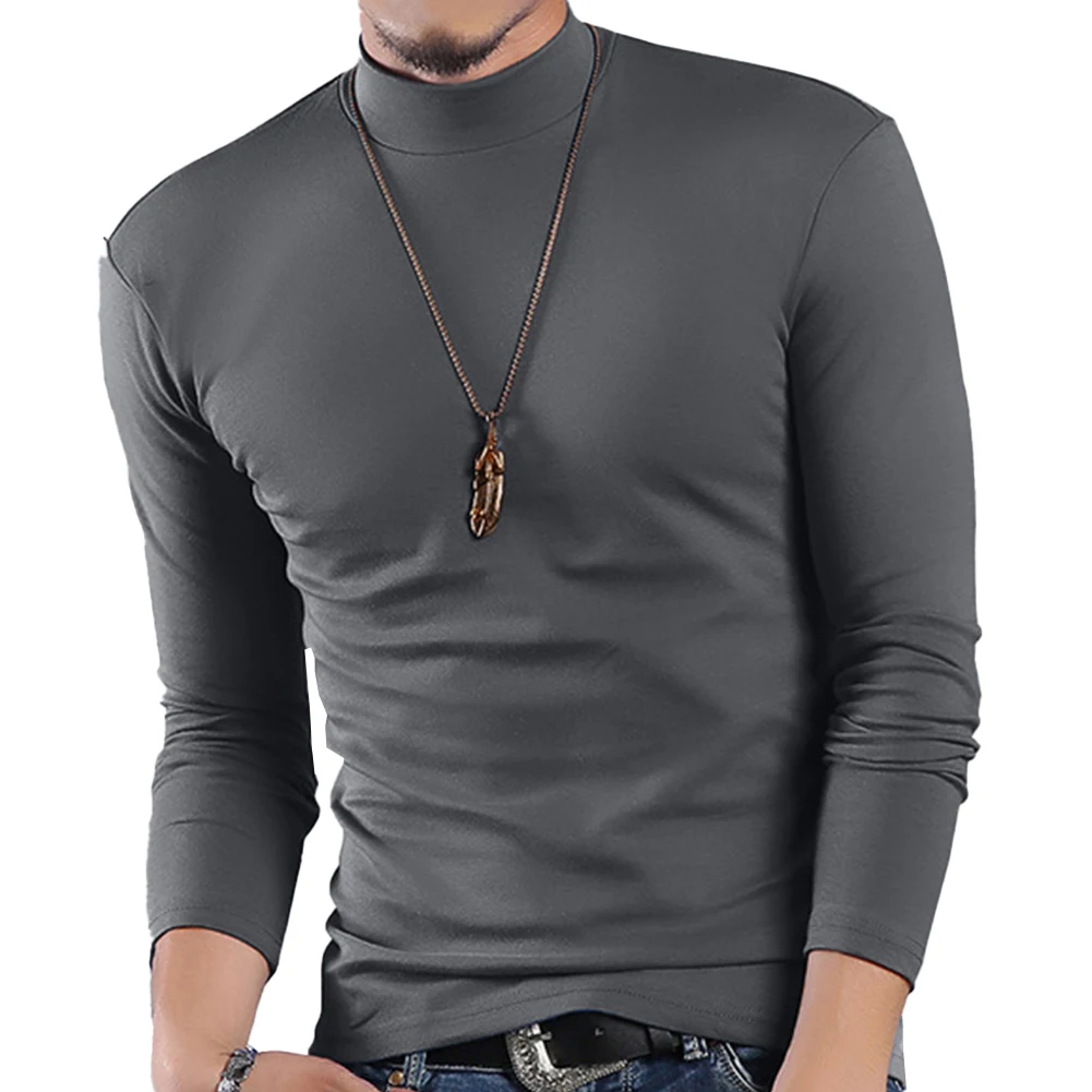 Autumn Winter Men\'s Half Turtleneck T-Shirts Solid Color Pullovers Top Long Sleeve T-Shirt Slim Fit Tees Men Undershirt