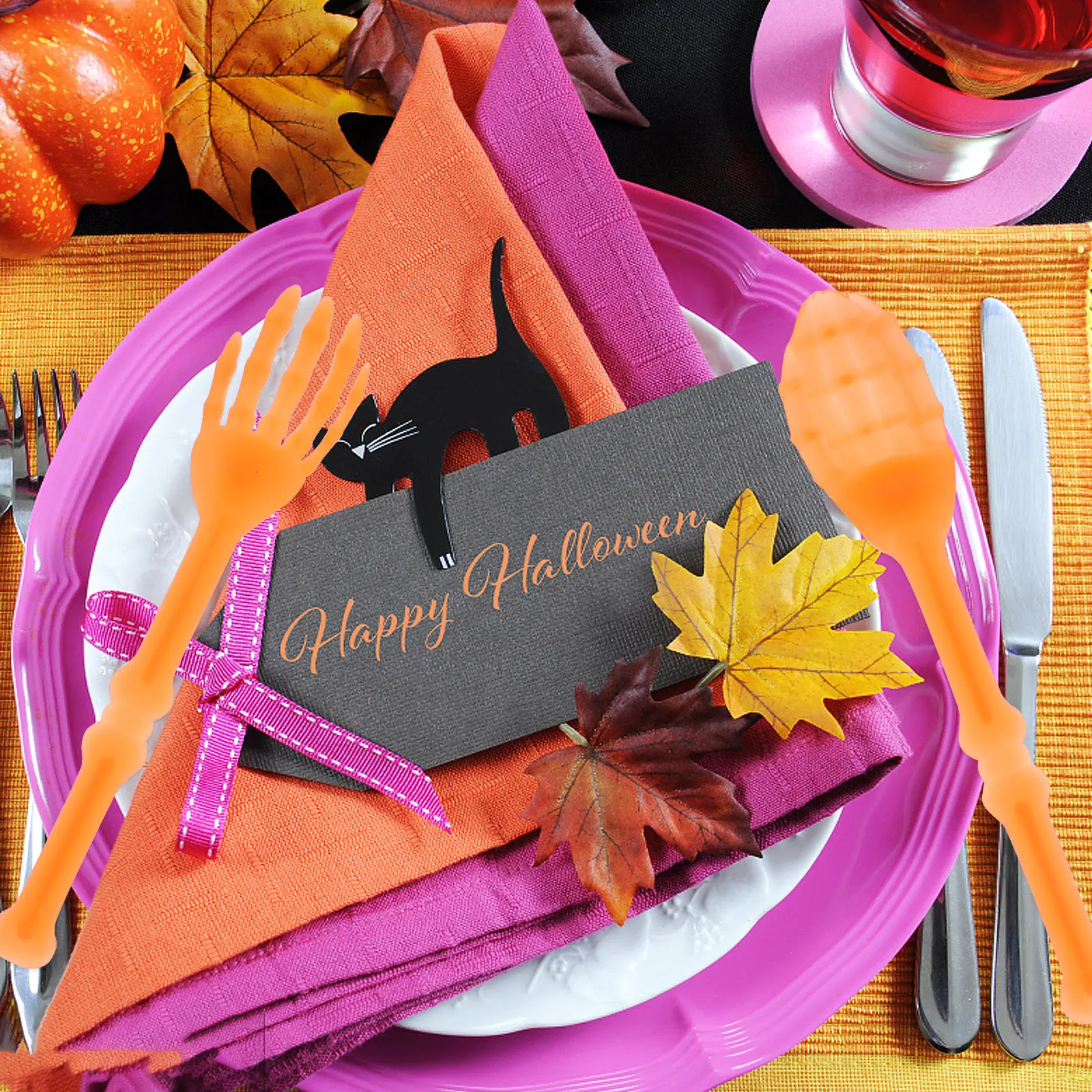 1Set Halloween Plastic Cutlery Set Design Ergonomic Handle Portable Flatware for Parties Hotels Restaurants Family