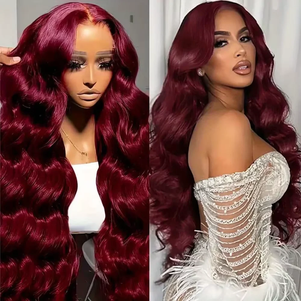 99J Human Hair Wigs Wine Red 40 Inches Long-length 200% High Density Body Wave Human Hair Wig 99J Burgundy 13X6 Hd Lace Frontal Wig 220 Density Red Colored Lace Front Wig Brazilian Wigs 30 36 Inch