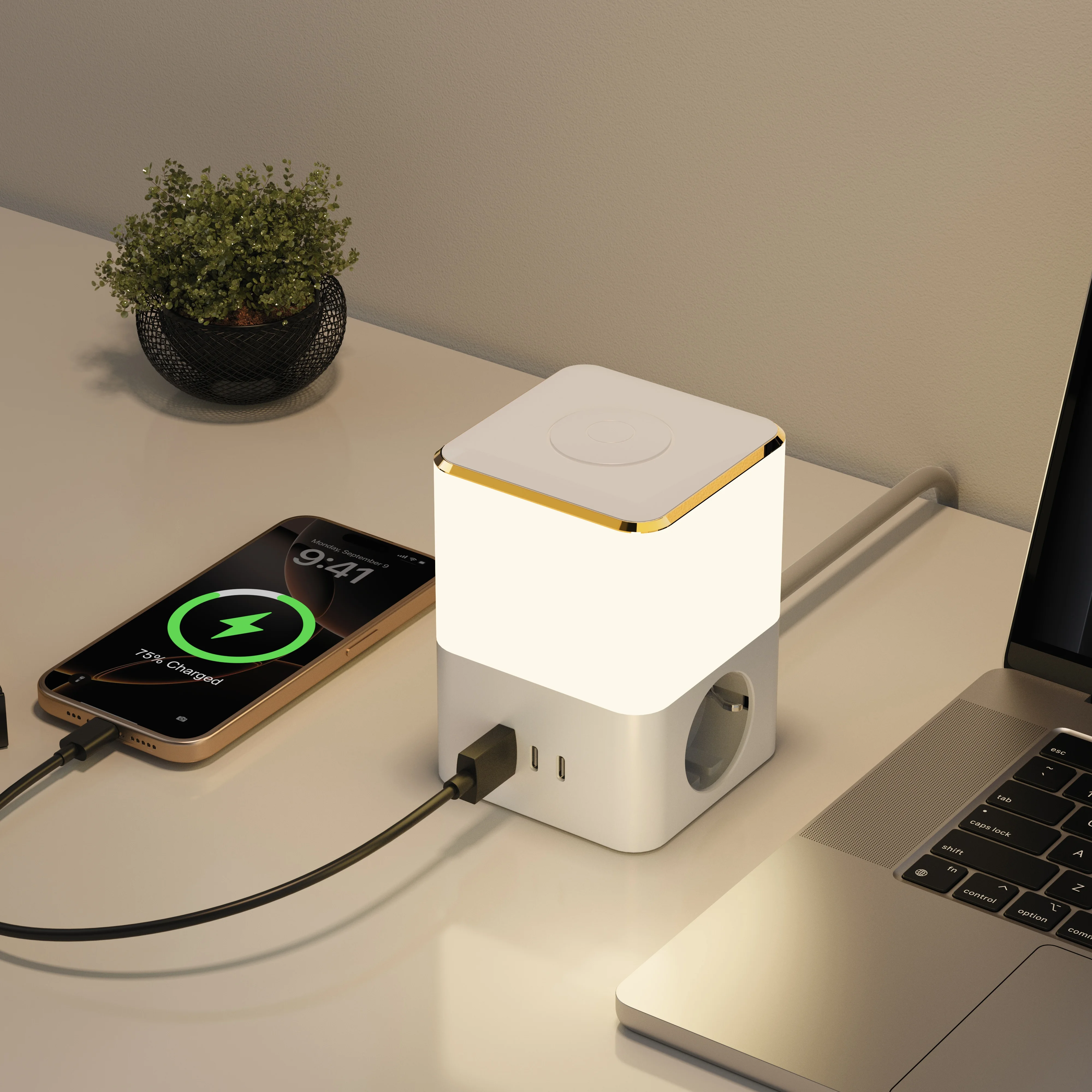2026 Creative Nightlight Socket Desk Lamp Socket 2 Outlets Power Strip Multi-Function European EU/Germany Touch Switch with USB