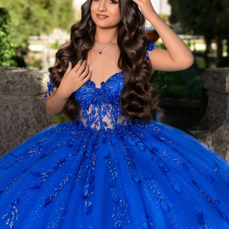 

Royal Blue Shiny Quinceanera Dresses Ball Gown Off The Shoulder Applique Lace Beading Crystal Corset Tull Sweet 16 Dress Vestid