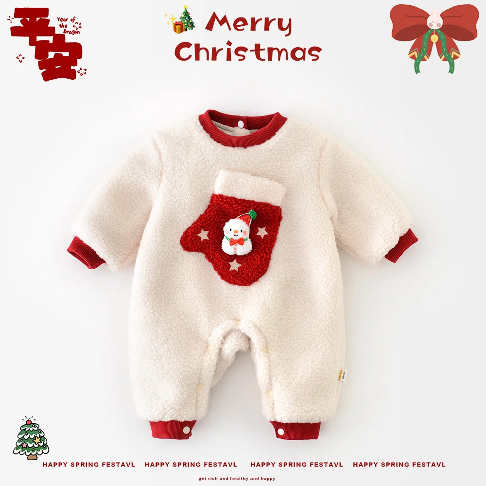 2024 Winter Baby Girls Jumpsuit Plush Thickened Christmas Hairy Warm Infant Girls Rompers Newborn Girls Thickened Bodysuit