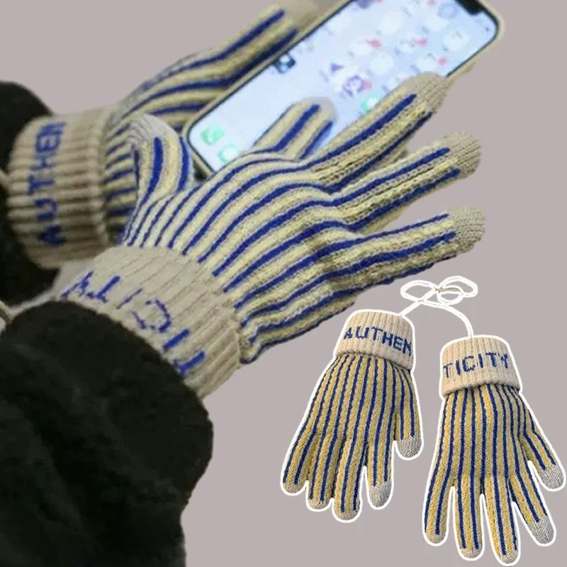 

Women Knitted Plush Gloves Winter Warm Thickened Korean INS Style Lovely Stripe Full Finger Guantes with Ropes Outdoor Mittens