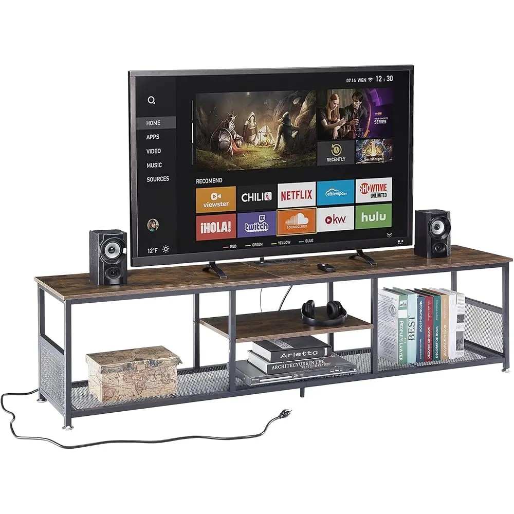 

Tv Stand With Power Outlets For Teions Up To 75Inch, 62"" Media Entertainment Center With Charging Station 3-Tier Open Storage