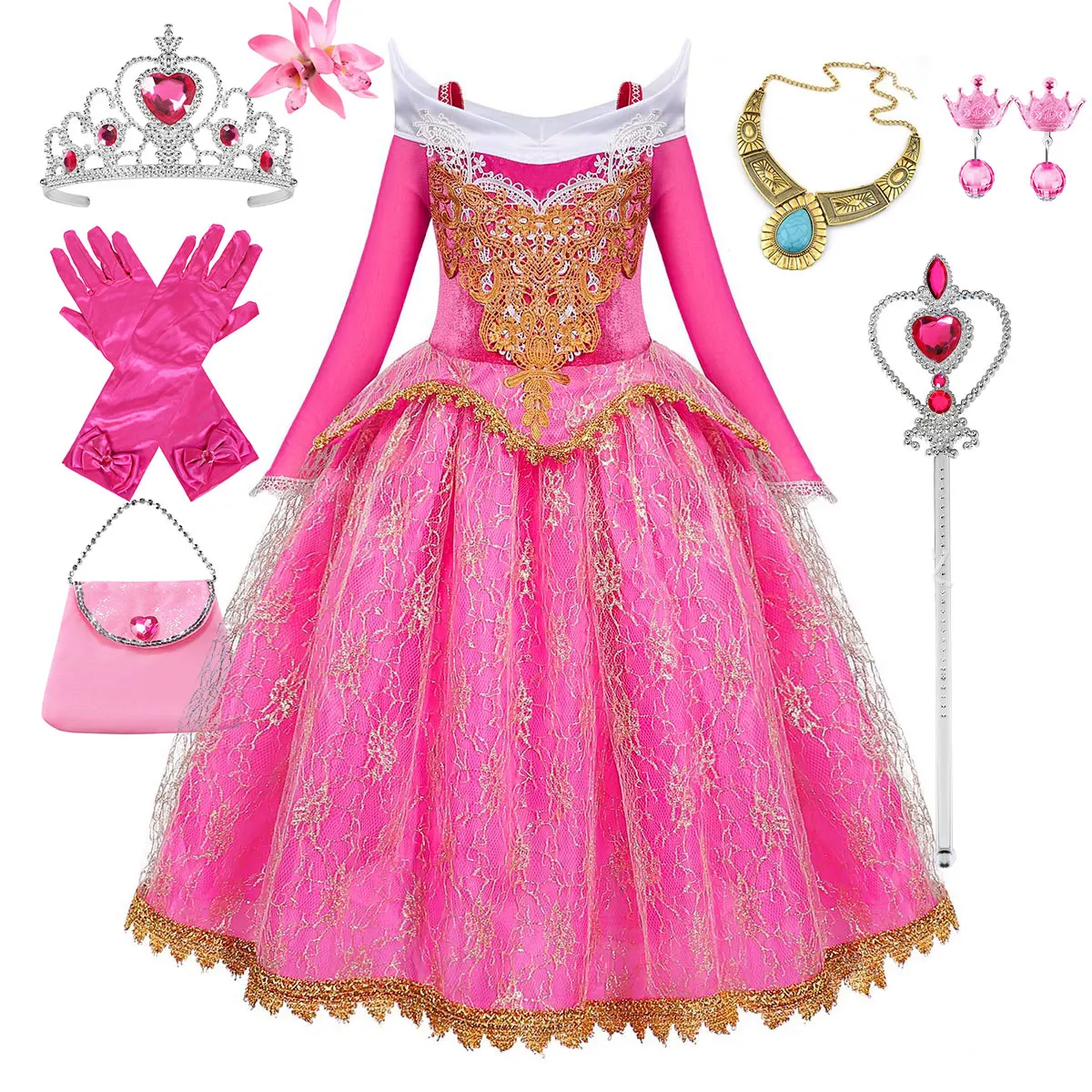 Exquisito Vestido de Princesa para Baile, Disfraz de la Bella Durmiente, con Encaje y Borde Dorado, Vestido de Lujo para Navidad o Fiestas de Aurora, para Niñas de 2, 4, 6 y 8 Años