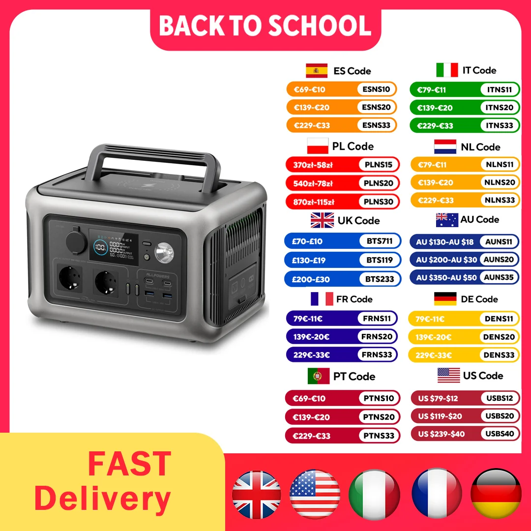 ALLPOWERS R600 Tragbares Kraftwerk 600 W 299 Wh LiFePO4-Solargenerator mit 2 x 600 W (1200 W Überspannung), AC-Steckdose für Camping, Wohnmobil, Zuhause