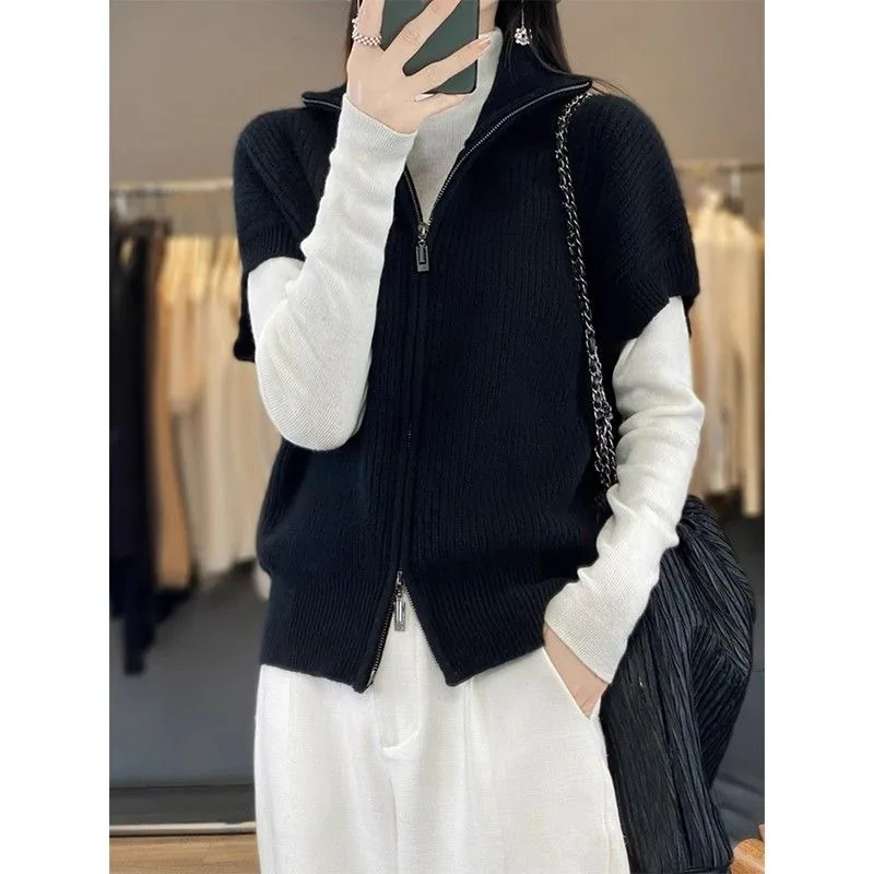 

High Collar Double Zipper Cardigan Slimming Vest Solid Color Fashion Versatile Layering Top