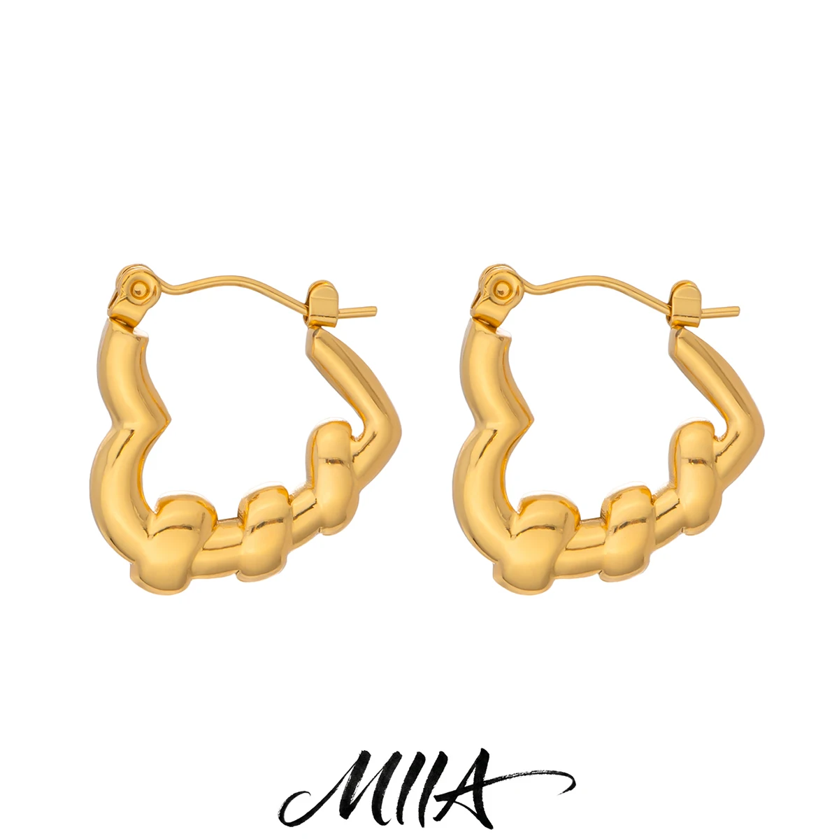 Miia Jewelry 18K Gold Stainless Steel Heart Shape Huggie Hoop Earrings Chunky Click Top Hollow Heart Earrings For Women