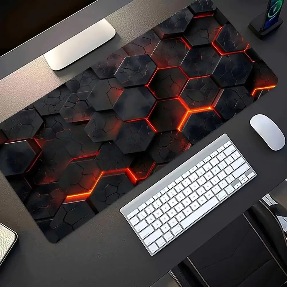 Orange Neon Hexagon Tech Large Gaming Mouse Pad Non-Slip Rubber Base Extended Keyboard Desk Mat XXL Mousepad Gamer Computer Desk
