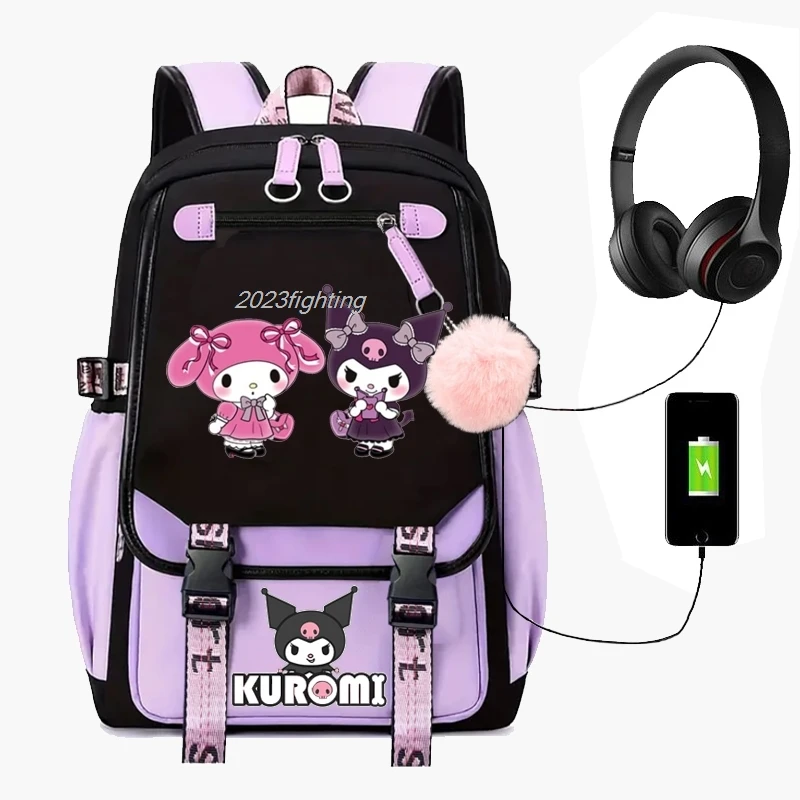 Urocze plecaki z melodią Kuromi Cosplay Unisex szkolna torba patchworkowa kreskówkowy tornister laptopa podróżna mochile