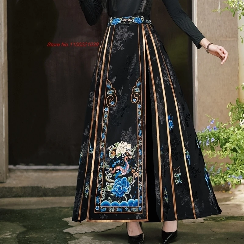 2025 chinese vintage skirt national flower embroidered traditional jacquard a-line skirt elastic waist ethnic horse-face skirt