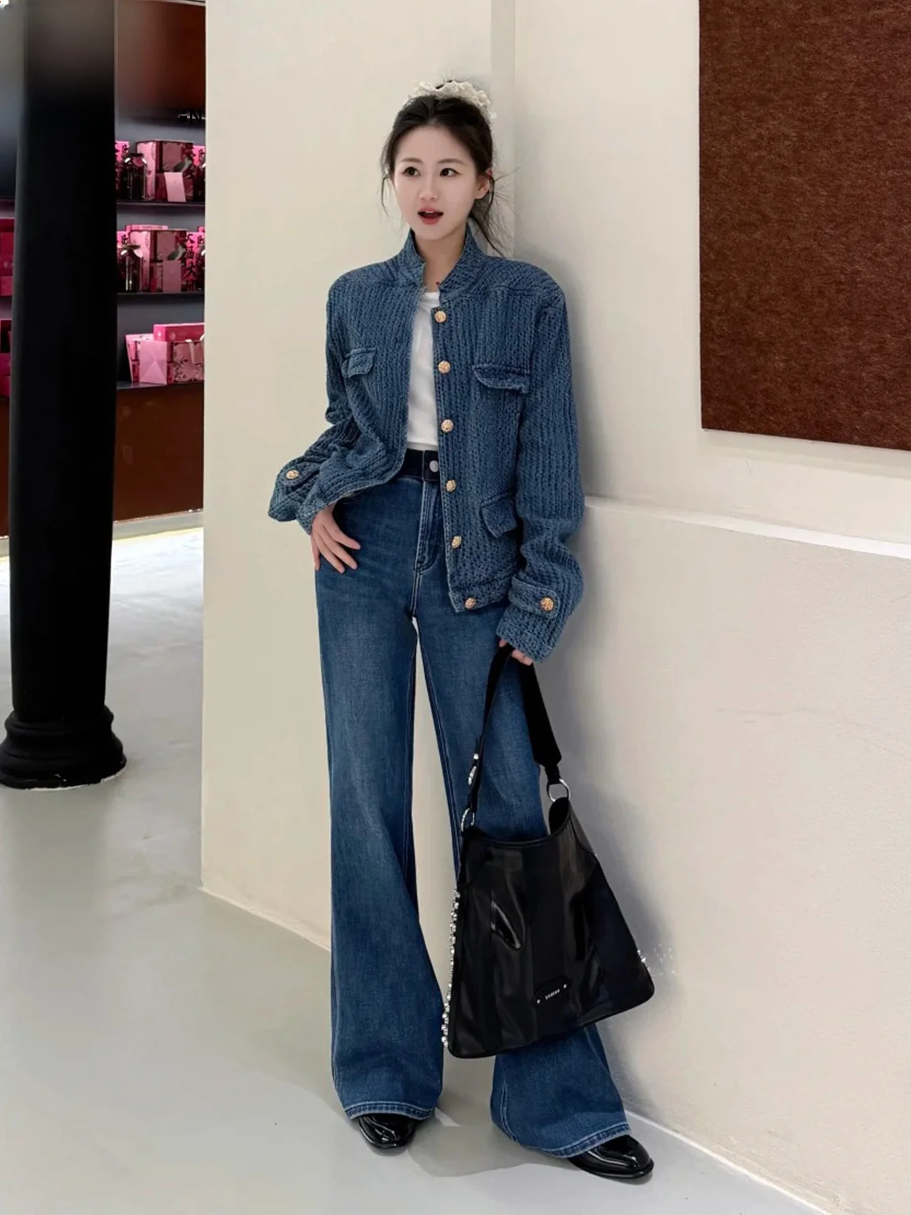

Retro Washed American Style Bell Bottom Jeans Women's Loose Slimming High Waist Casual Spring Summer Light Blue Denim Pants