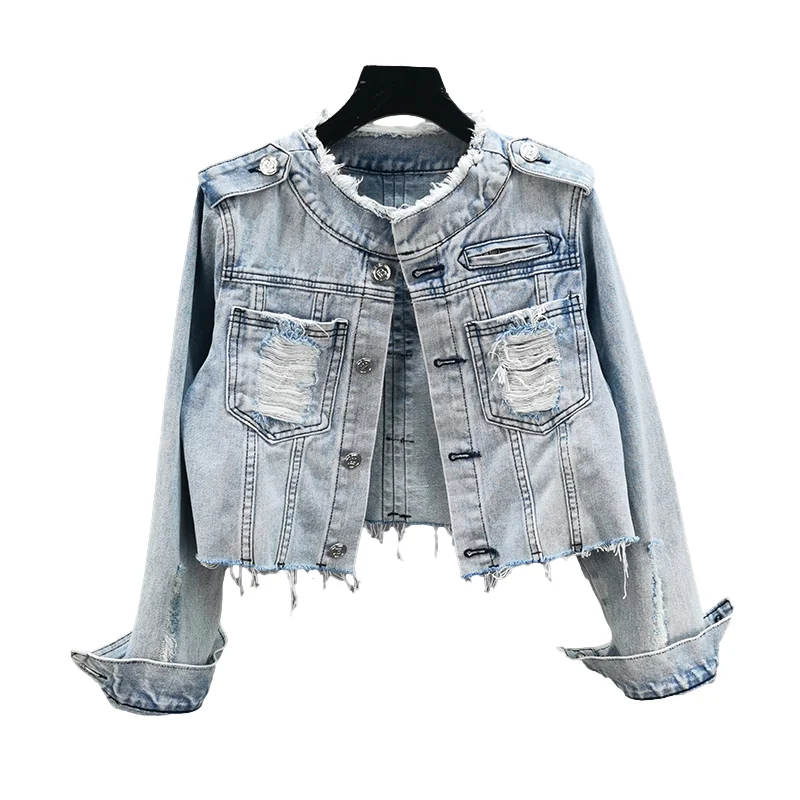 

Frayed O Neck Denim Jackets Women Casual Cowboy Outerwear Spring Autumn Korean Slim Short Holes Big Pocket Jeans Jacket Female