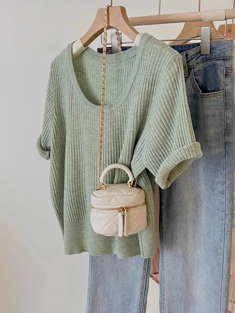 Stunning U-Neck Ice Silk Short Sleeve Knitted T-Shirt Women's Summer Slimming Loose Fit Green Top Comfortable Breathable