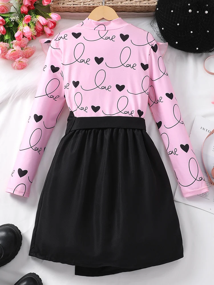 Autumn And Winter Girls' Fashion Trendy Daily Leisure Sweet And Cute Love Long Sleeve&Half Skirt Two Piece Set