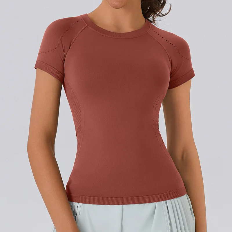 Women Yoga Shirts Sports T Shirt Summer Short Sleeve Round Neck Breathable Stretchy GYM Yoga Slim Fitness Active Top Tee