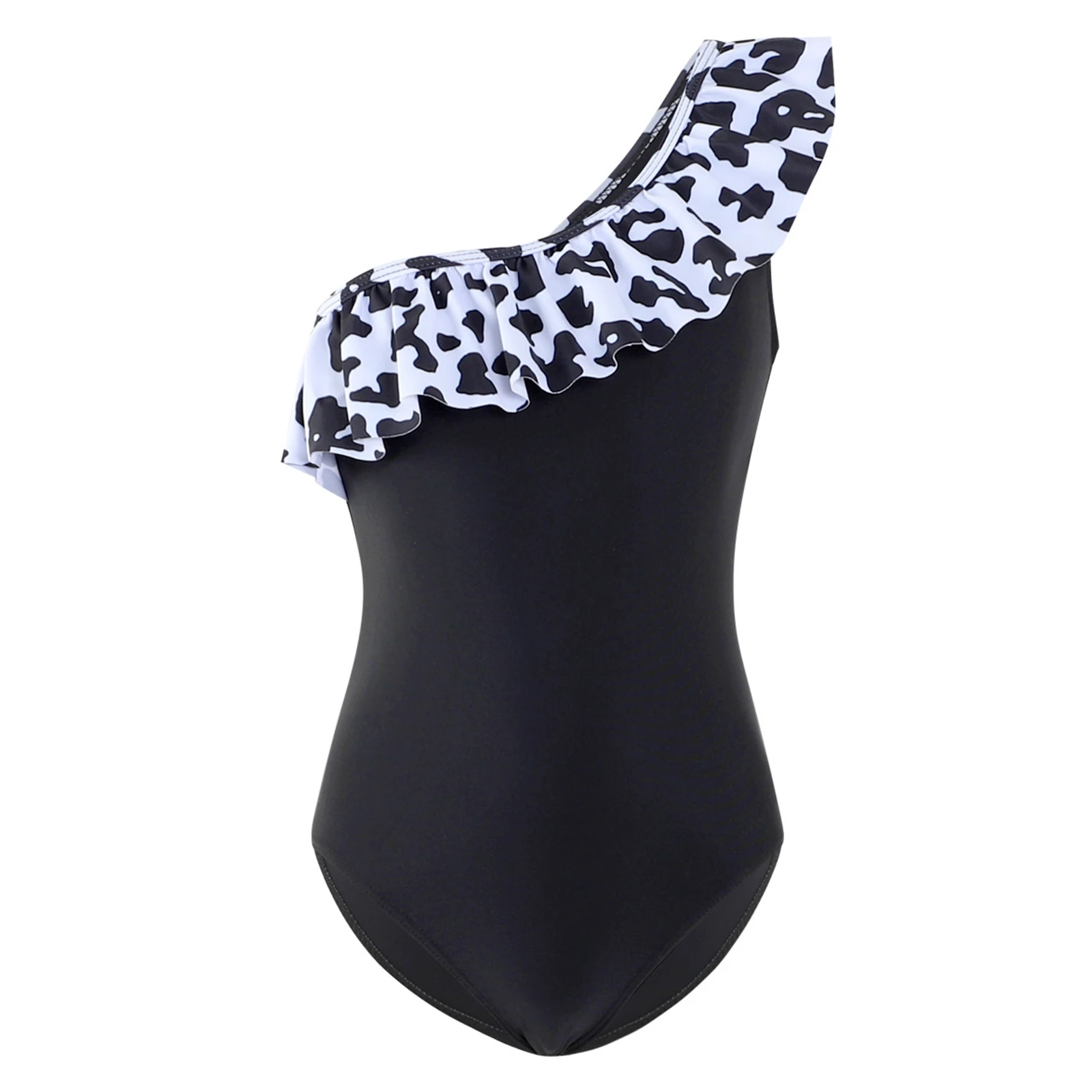 

Kids Girl One Piece Cute Cow Print Frill Swimsuit Sleeveless One Shoulder Ruffle Swimwear Bodysuit Hawaiian Beach Bathing Suit