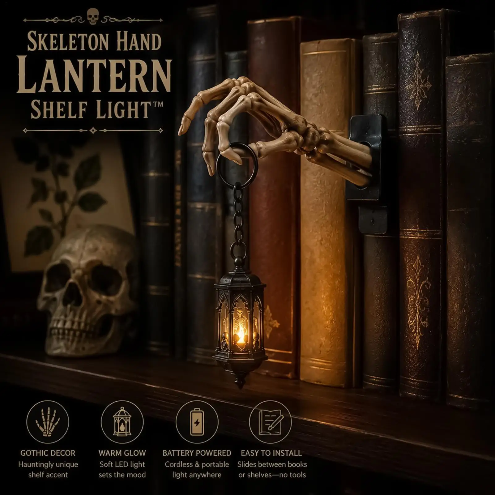 Library Lantern Skeleton Hand Bookcase Decoration Lantern LED Shelf Decor Light For Kids Teens Adults Students Readers Writers