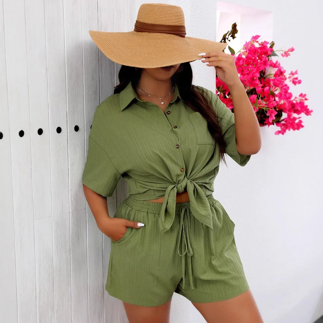 Casual Capri Pants Set Mini Length Japanese Korean Casual with Regular Sleeve Spring Crinkled Short Sleeves Women Shorts