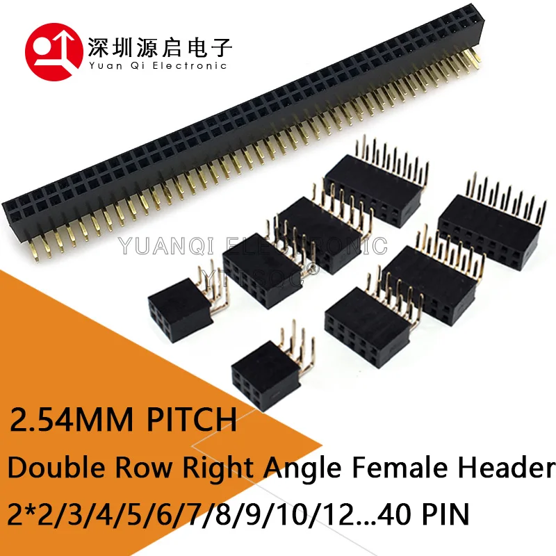 2.54mm R/A Double Row Female 2~40P PCB Board Right Angle Pin Header Socket Connector Pinheader 2*/4/6/10/20/40Pin For Arduino