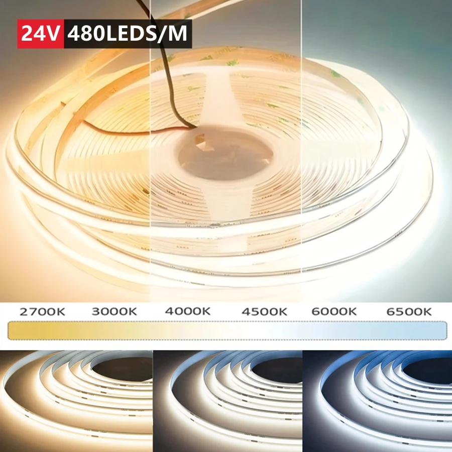 Tira de luces LED COB inteligente de tres colores regulable, 10 ~ 0,5 m, 480LED/m, 8mm de ancho, tira de luces Flexible de alta densidad para decoración de pared de TV
