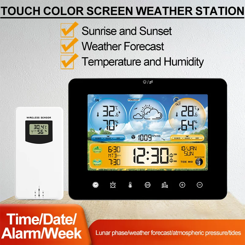 Touch Color Screen Weather Station Thermometer with Remote Sensors Weather Thermometer Forecast Station with Sunrise Sunset Time