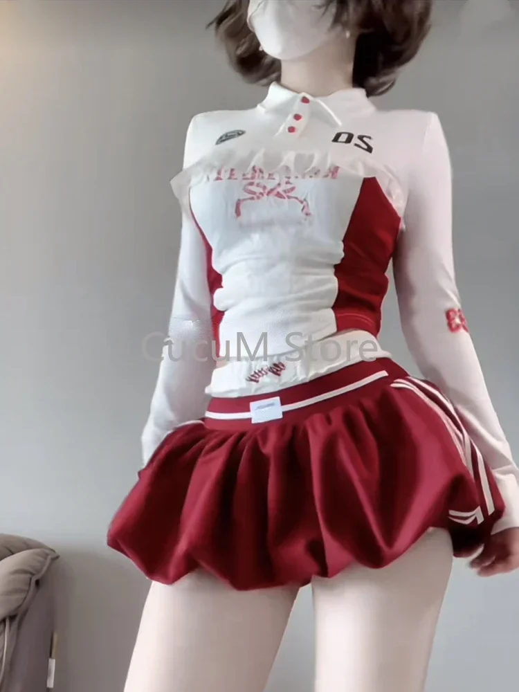 Amérique Kawaii doux 2 pièces ensemble e-girls mince dentelle culture hauts col Polo + rouge mignon Y2k Mini jupe Lolita mode ensemble femme