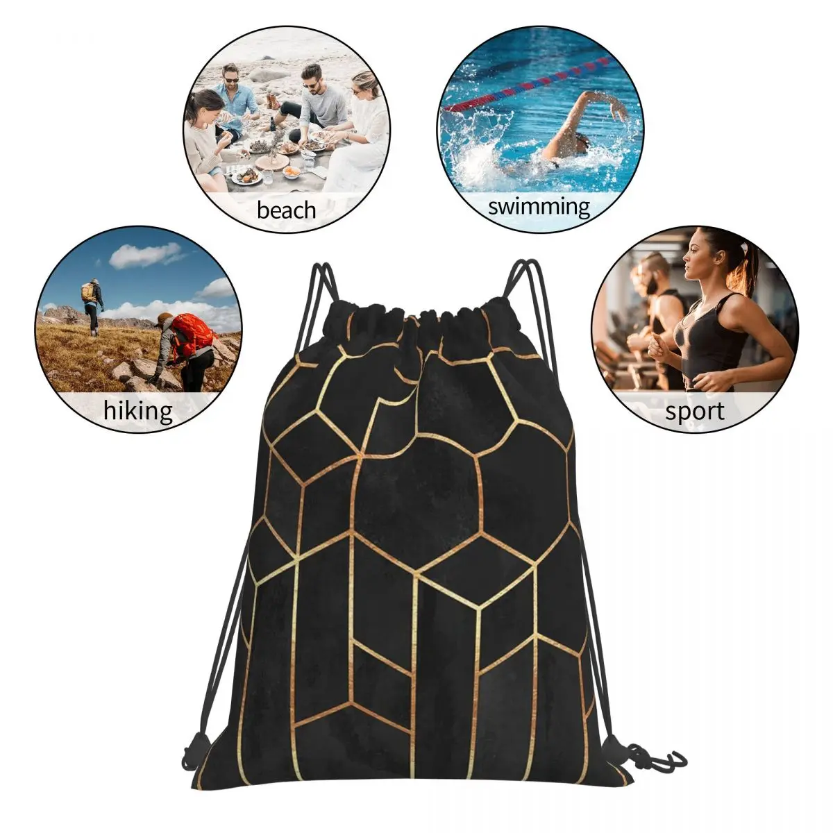 Sacs à dos hexagones noirs pour hommes et femmes, sacs à cordes de proximité portables décontractés, sac de sport de poche Bundle, sacs à livres pour étudiants