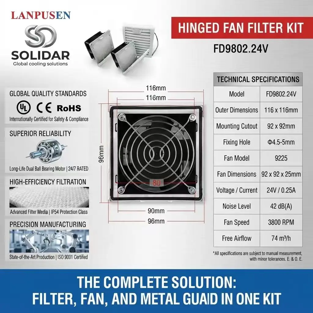 FD9802.24V Hinged Fan Filter Kit 116x116mm 24V 0.25A 92x92x25mm Cabinet Cooling Fan  Advanced Filter Media Dual Ball Bearing