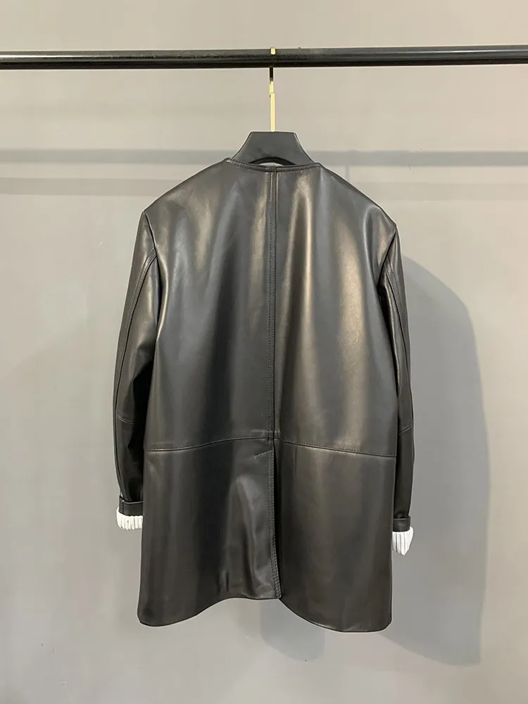 مصمم أزياء المرأة الجديدة زر واحد الخامس الرقبة متوسطة طويلة جلد طبيعي كم طويل فضفاض عارضة ملابس خارجية من جلد الغنم سترة