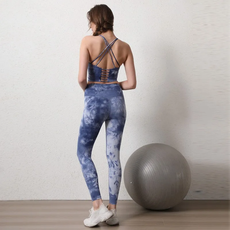 2PCS Seamless Women Yoga Set Workout Sportswear Fitness Crop Top Tie Dye High Waist Leggings Gym Clothing Two Piece Sports Suits