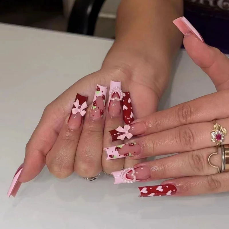 24 piezas uñas postizas con strass, francesas brillantes con flores, largas cuadradas rosas 6