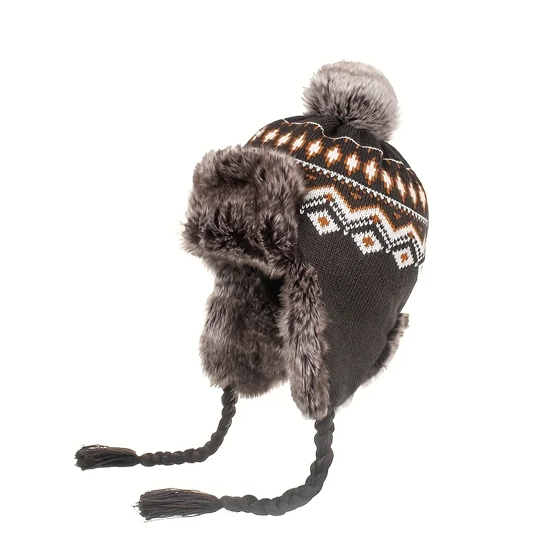 

Winter Knit Hat with Detachable Ear Flaps & Pom-Pom. Grid Pattern, Adjustable Drawstring. For Outdoor Sports & Holidays!