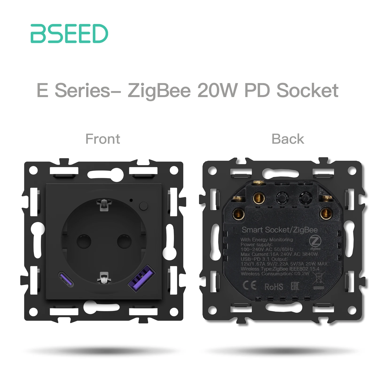 BSEED Zigbee Klik Lichtschakelaar Deel 1/2/3/4Gang 2Way Schakelaar Functie DIY Deel EU Smart Socket Outlets Plastic Frame Zwarte Kleur