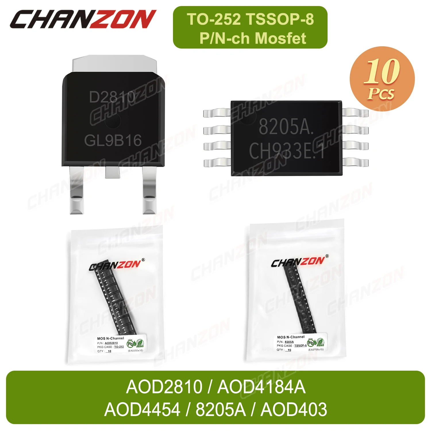 10PCS TO-252 TSSOP-8 AOD2810 AOD4184A AOD4454 8205A AOD403 N-channel P-channel SMD Mosfet Transistor Integrated Circuit BJT