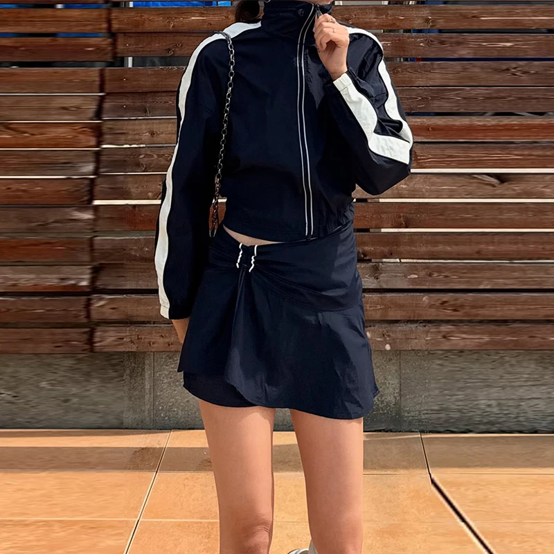 Paneelbesetzte Stehkragen-Oversize-Jacken und Culottes-Sets für Damen – Streetwear-Outfits mit langen Ärmeln, Reißverschluss, lockerer Passform und Shorts mit Kordelzug – Detail 10