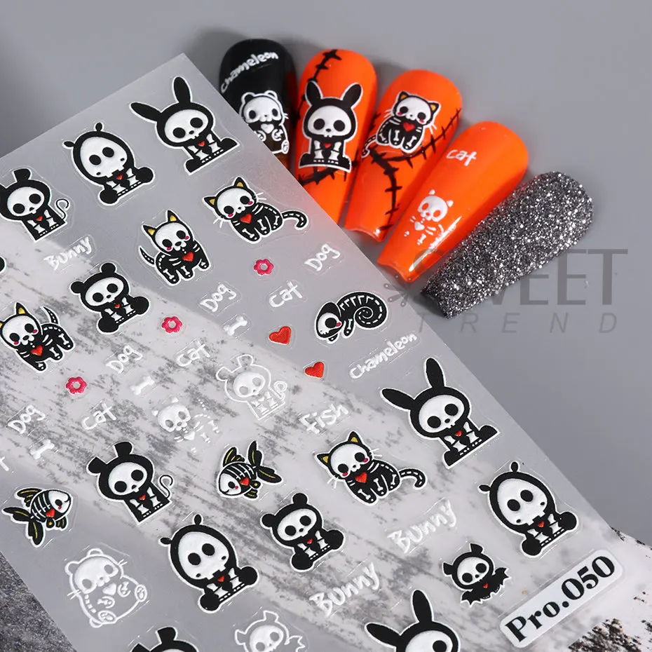 Autocollants pour ongles d'halloween en relief 5D, crâne, citrouille, Silder, fantôme, chauve-souris, toile d'araignée, décalcomanies de dessin animé, décoration de manucure gravée