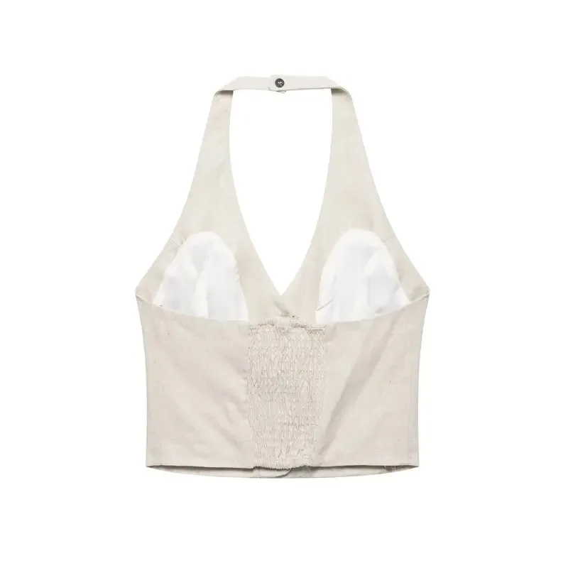 Women's Casual Linen Solid Color Sleeveless Top with Backless Suspender And Long Belt Straight Skirt Summer Fashion Suit