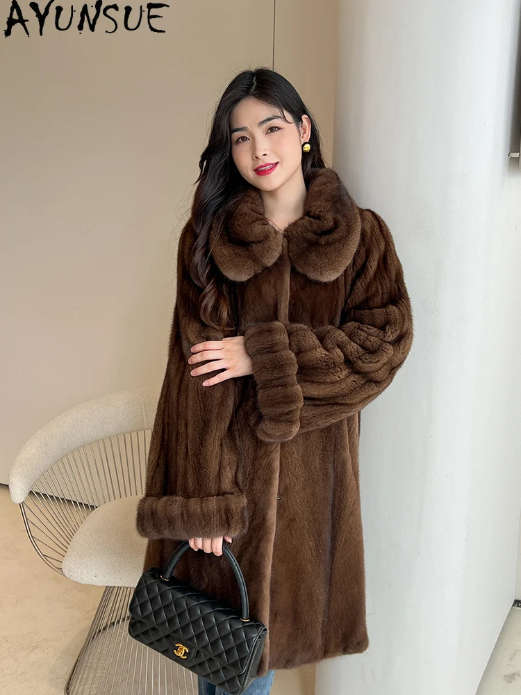 AYUNSUE 2025 ナチュラルミンクファーコート女性カボチャスリーブエレガントなリアルファーコート女性服高品質全体ミンク Шуба Женская