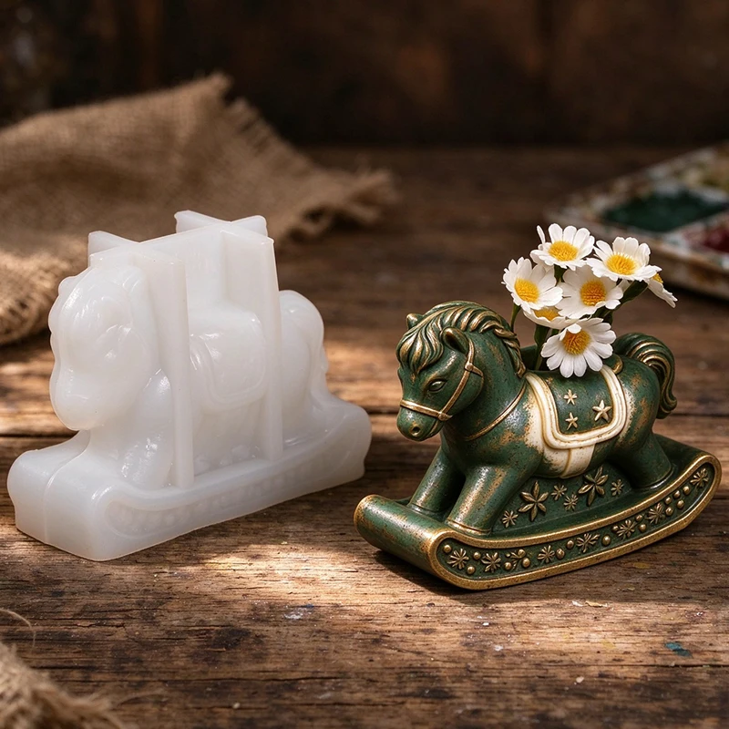 3D Rocking Horse Silicone Mold DIY Trojan Horse Candle Holder Flower Pot Vase Aromatherapy Making Mold Home Tabletop Decor