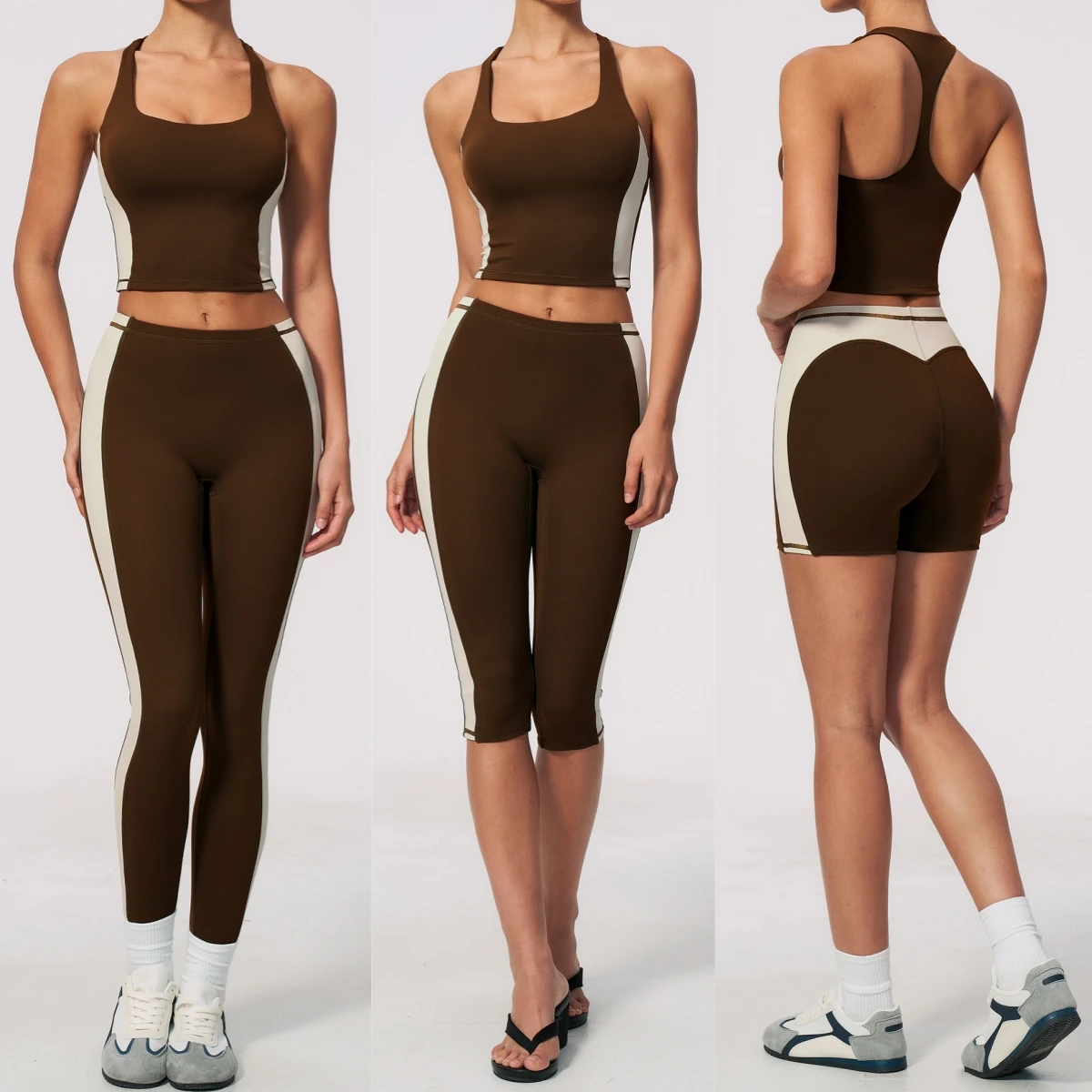 Yoga Blocks - Damen 2-teiliges Color-Block-Workout-Set, Racerback-Sport-Tanktop, High-Waist-Leggings, Capris,