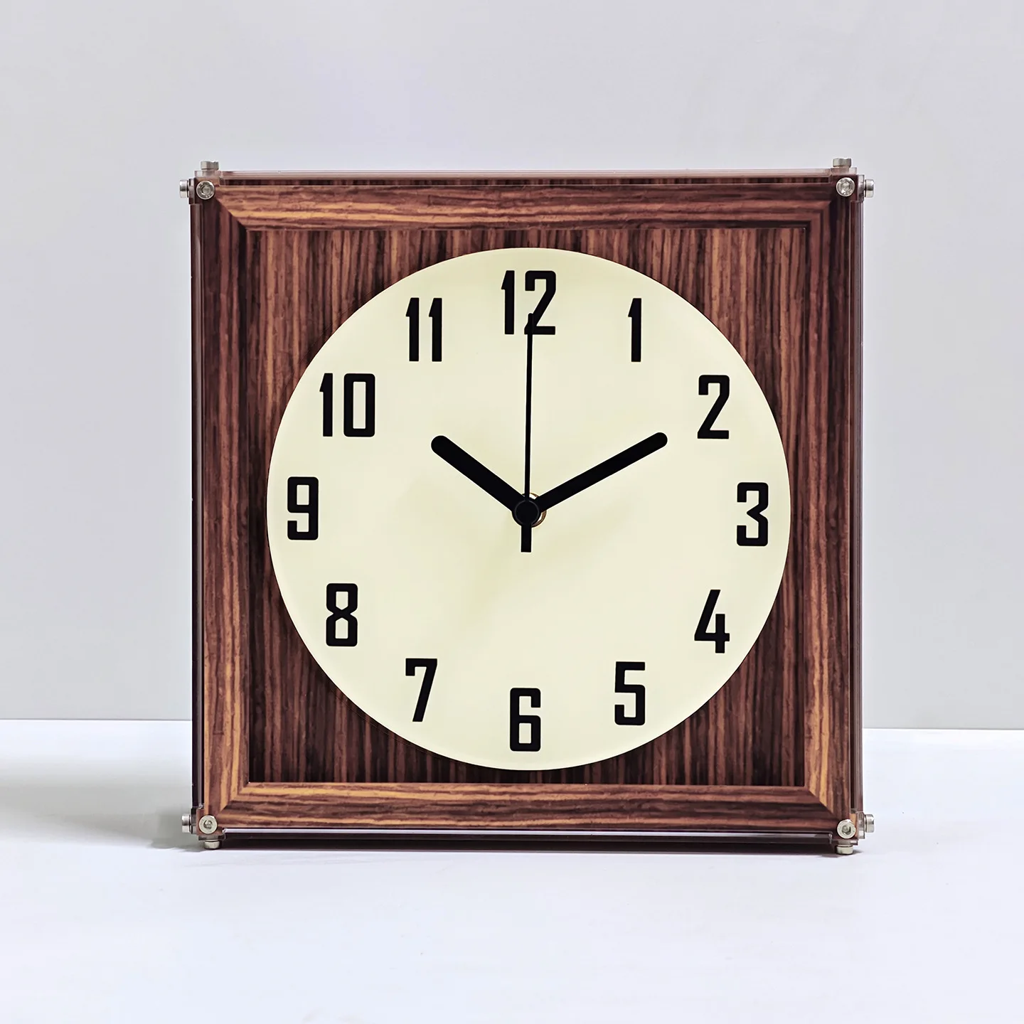 Acrylic square walnut-grain double-sided clock silent sweep-second movement