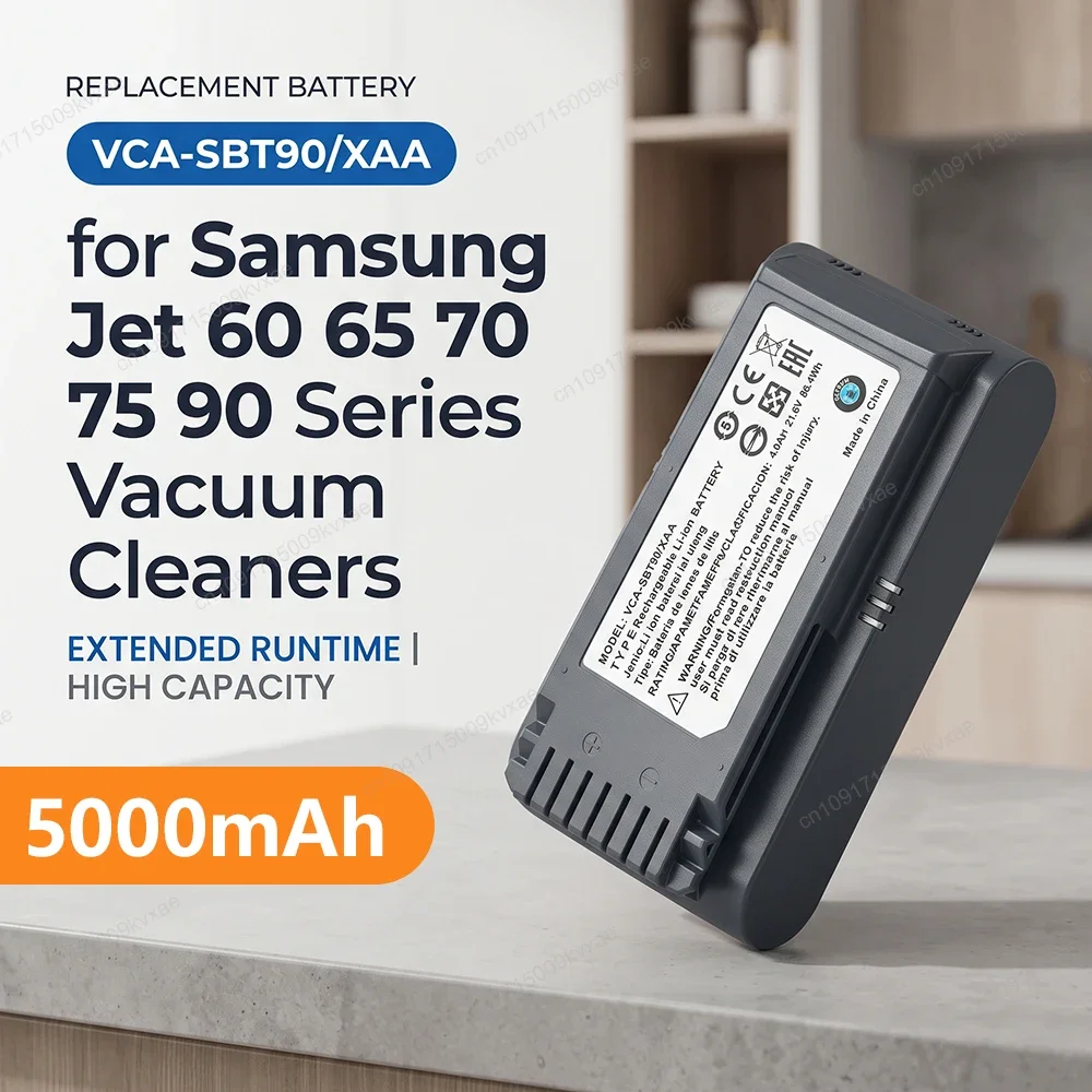 Cordless Stick Vacuum Cleaner Battery for Samsung Jet 75 90 70 60 Series 21.6V 5000mAh High Capacity Li-ion Replacement Pack