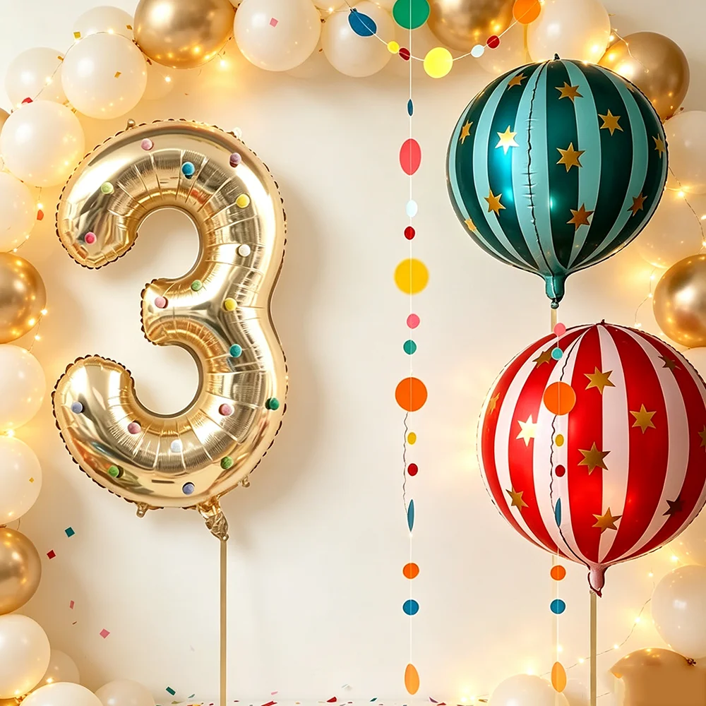 1 Set 4D Gestreifter Stern mit 32-Zoll Hellgold Zahlenfolienballon und Filzkugel für Geburtstagsfeier, Hochzeit, DIY Familienfeier-Dekoration