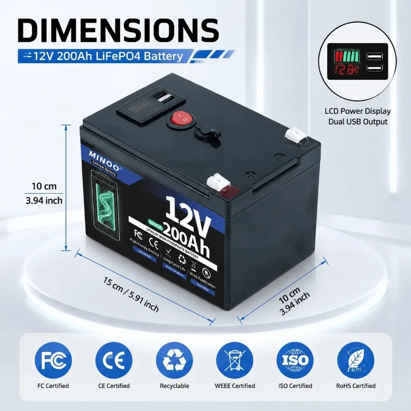 LiFePO4 12V 300AH 12V 200AH Battery Free Charger 12V Lithium Battery Built-In 300A BMS 6000+ Cycle Foat Fast Ship From EUr Bo